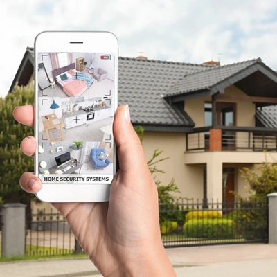 Orange County vivint phone display of cctv live feed in front of a house
